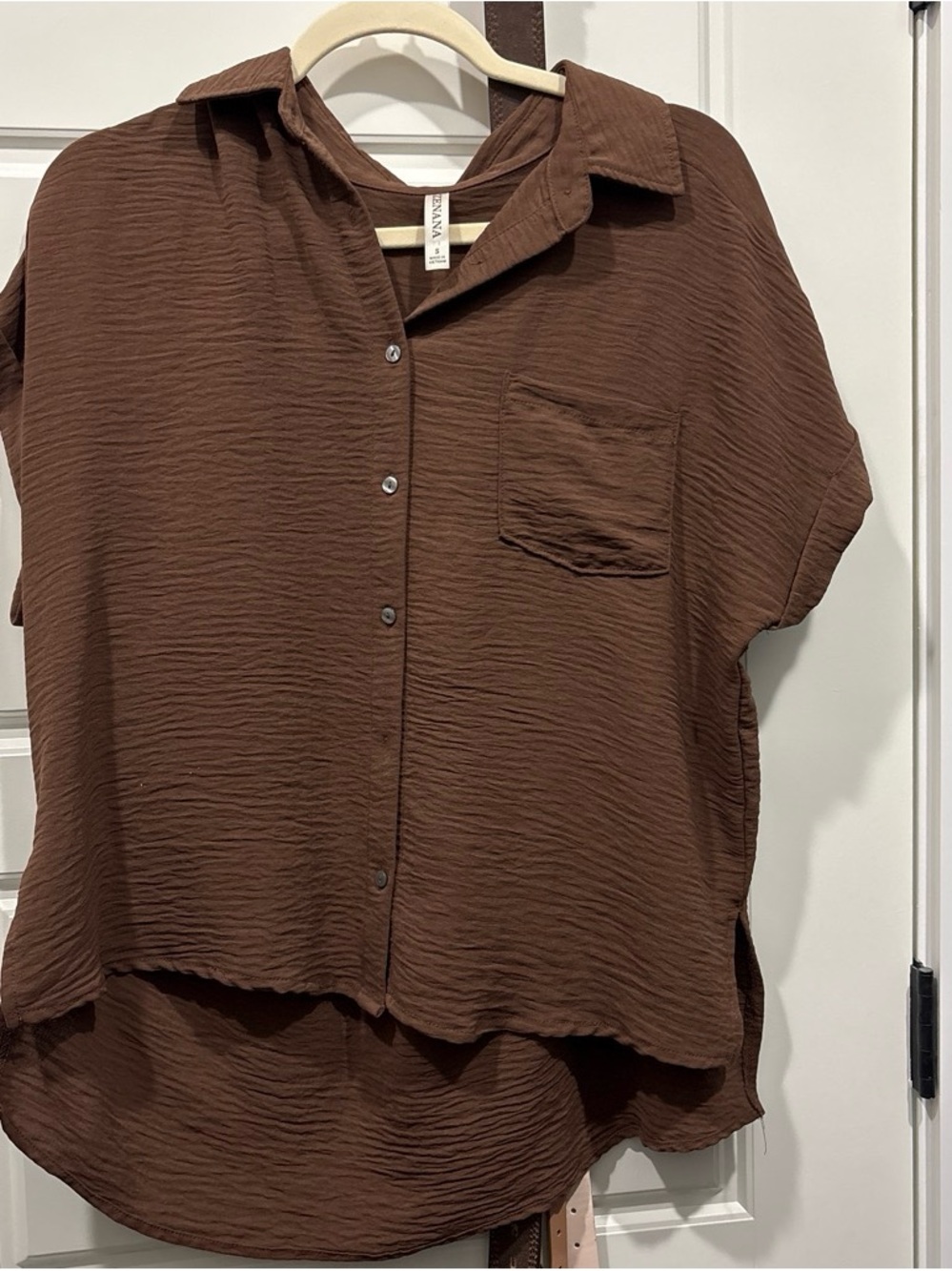 Brown Crinkle Button-Front Women's Top - Lightweight Casual Shirt